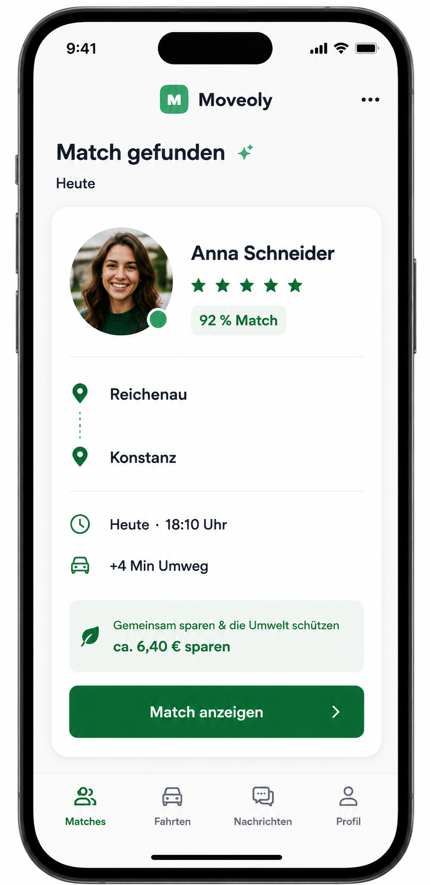 Moveoly App-Vorschau mit Fahrgemeinschafts-Match